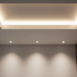 A photograph of a well-lit modern ceiling space featuring sleek led surface mount lights