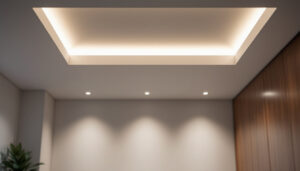 A photograph of a well-lit modern ceiling space featuring sleek led surface mount lights