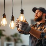 A photograph of a skilled lighting contractor in action