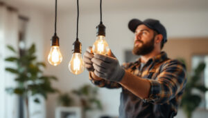 A photograph of a skilled lighting contractor in action