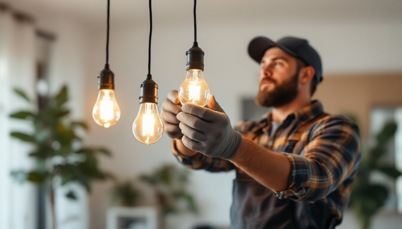 A photograph of a skilled lighting contractor in action