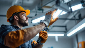 A photograph of a skilled lighting contractor demonstrating the proper technique for installing or adjusting fluorescent lights