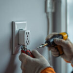 A photograph of a lighting contractor securely installing a locking electrical outlet plug in a residential setting