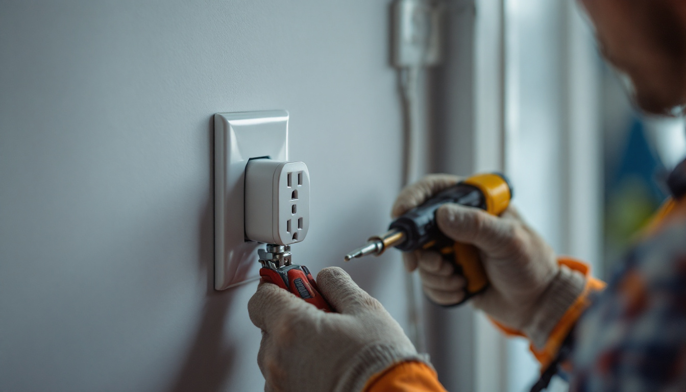 A photograph of a lighting contractor securely installing a locking electrical outlet plug in a residential setting