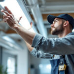 A photograph of a lighting contractor expertly installing or adjusting f32t8 fluorescent lights in a commercial space