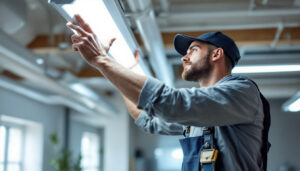A photograph of a lighting contractor expertly installing or adjusting f32t8 fluorescent lights in a commercial space