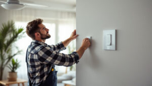 A photograph of a skilled lighting contractor expertly installing a stylish wall switch for a ceiling fan in a well-lit