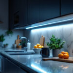 A photograph of a modern under-cabinet lighting setup in a kitchen