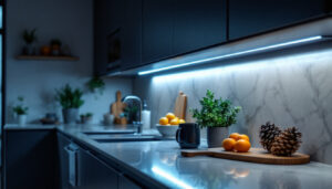 A photograph of a modern under-cabinet lighting setup in a kitchen