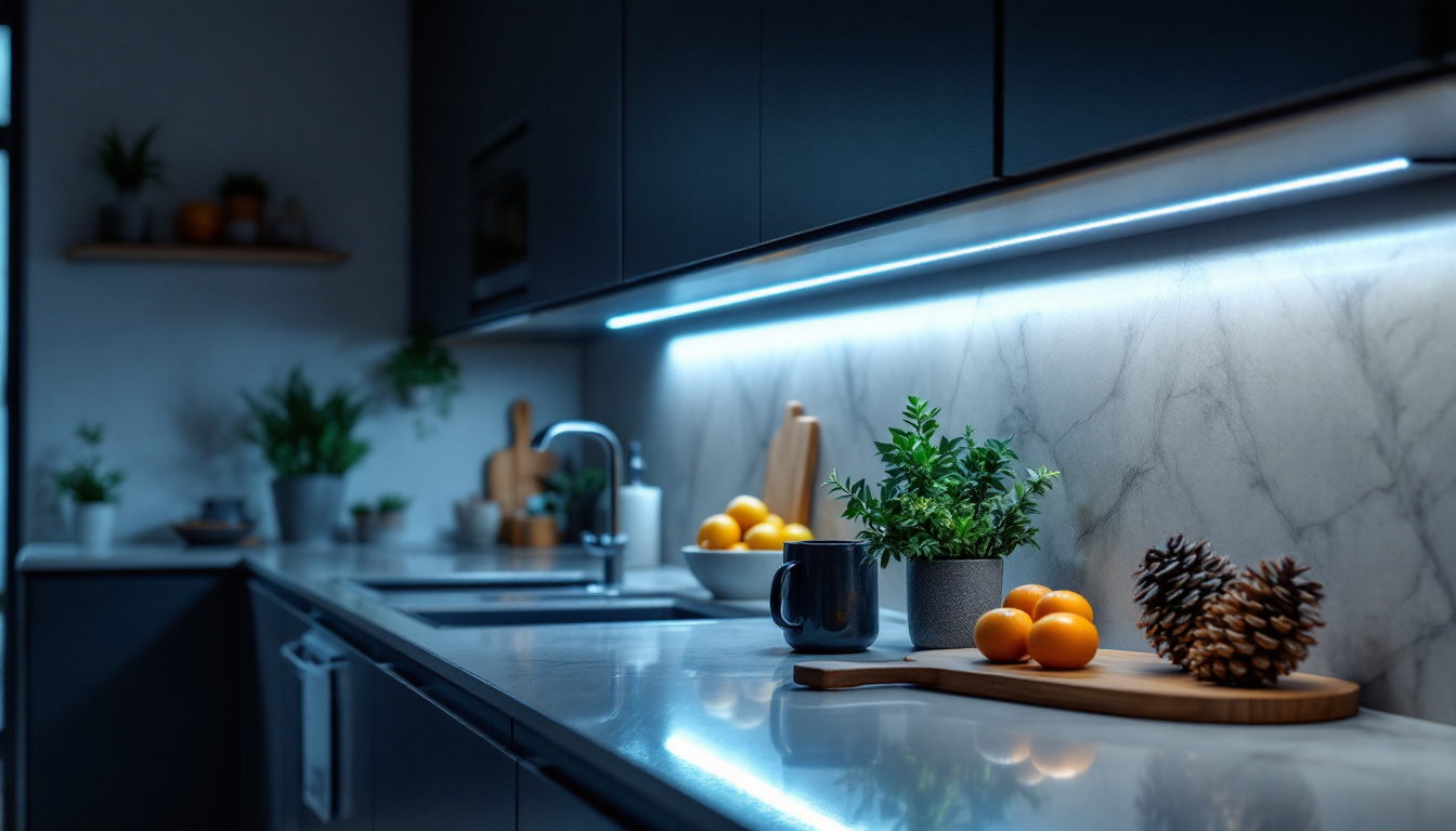 A photograph of a modern under-cabinet lighting setup in a kitchen