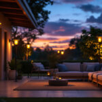 A photograph of a beautifully lit patio at dusk
