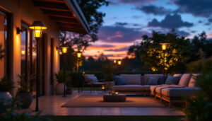 A photograph of a beautifully lit patio at dusk