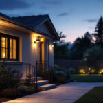 A photograph of a well-lit outdoor space showcasing a variety of led security lights installed around a residential property