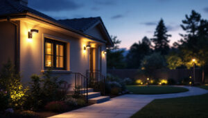 A photograph of a well-lit outdoor space showcasing a variety of led security lights installed around a residential property
