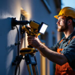 A photograph of a lighting contractor installing led exterior flood lights on a building