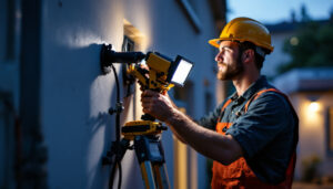 A photograph of a lighting contractor installing led exterior flood lights on a building
