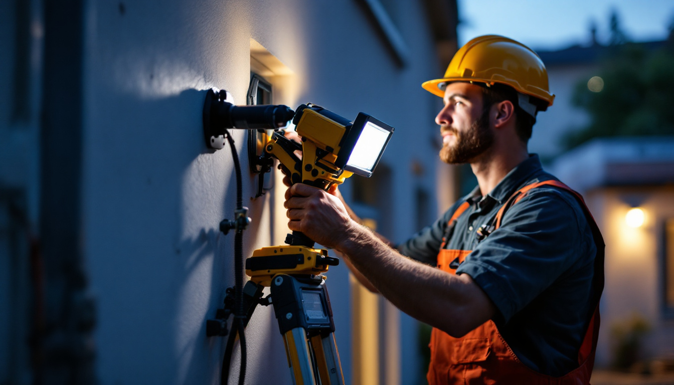 A photograph of a lighting contractor installing led exterior flood lights on a building