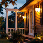 A photograph of a beautifully illuminated porch featuring stylish outdoor lighting fixtures