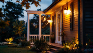 A photograph of a beautifully illuminated porch featuring stylish outdoor lighting fixtures