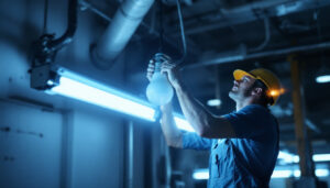 A photograph of a lighting contractor working on the installation of an 8ft fluorescent bulb in a commercial setting