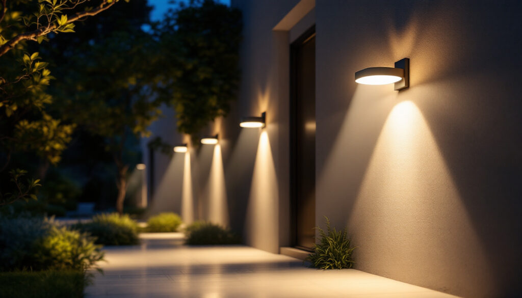 A photograph of a well-lit outdoor space showcasing various compliant lighting fixtures in use