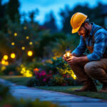 A photograph of a skilled lighting contractor installing solar-powered outdoor lights in a beautifully landscaped garden at dusk