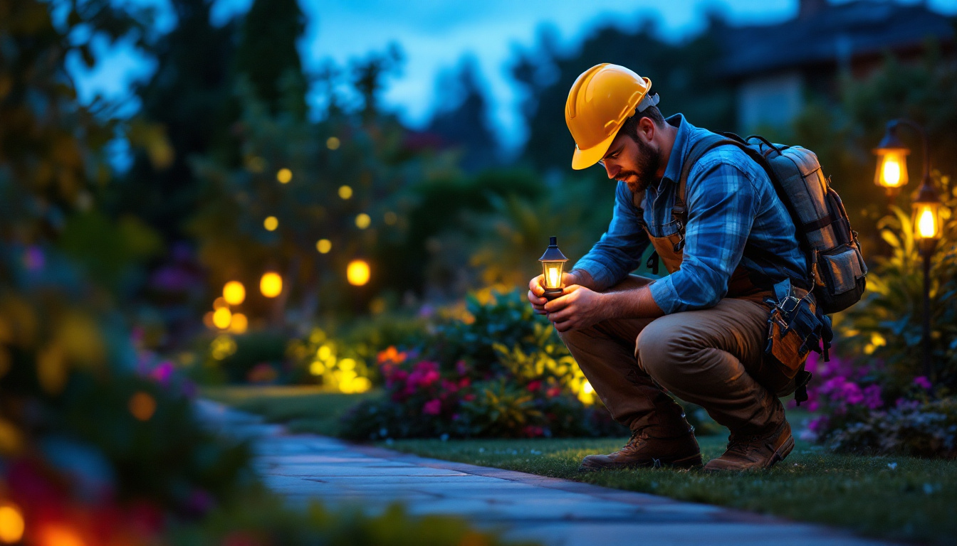A photograph of a skilled lighting contractor installing solar-powered outdoor lights in a beautifully landscaped garden at dusk