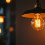 A photograph of a glowing a19 bulb in a stylish
