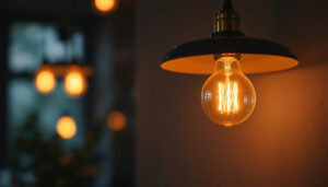 A photograph of a glowing a19 bulb in a stylish