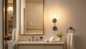 A photograph of a stylish vanity light fixture with an integrated outlet