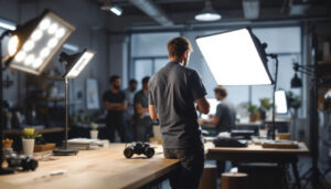 A photograph of a well-lit workspace featuring linkable shop lights in action