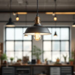 A photograph of a well-designed industrial ceiling lamp in a stylish workspace or workshop setting