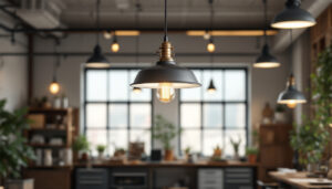 A photograph of a well-designed industrial ceiling lamp in a stylish workspace or workshop setting