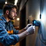 A photograph of a skilled lighting contractor installing led tape lights in a modern interior space