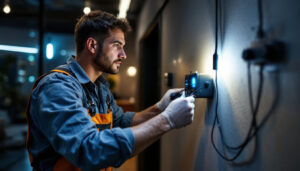 A photograph of a skilled lighting contractor installing led tape lights in a modern interior space