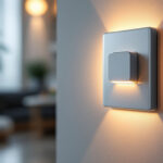 A photograph of a close-up shot of a modern electrical light switch in an aesthetically pleasing interior setting