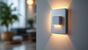 A photograph of a close-up shot of a modern electrical light switch in an aesthetically pleasing interior setting