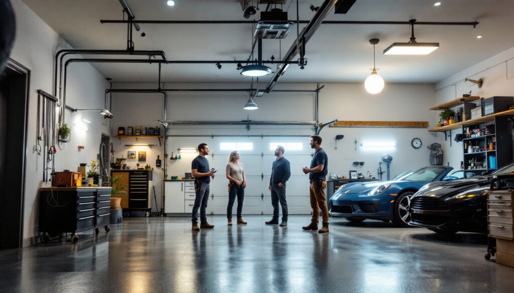 A photograph of a well-lit garage showcasing various lighting options
