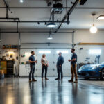 A photograph of a well-lit garage showcasing various lighting options