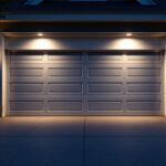 A photograph of a well-lit outdoor garage space showcasing stylish garage door lights in action during twilight