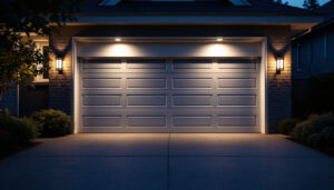 A photograph of a well-lit outdoor garage space showcasing stylish garage door lights in action during twilight