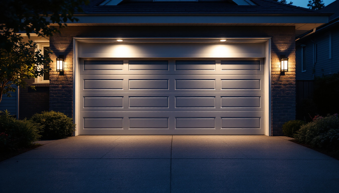 A photograph of a well-lit outdoor garage space showcasing stylish garage door lights in action during twilight