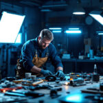 A photograph of a lighting contractor at work