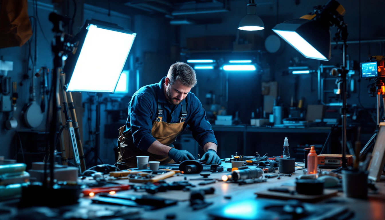 A photograph of a lighting contractor at work
