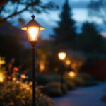A photograph of capture a photograph of a beautifully illuminated outdoor lamp post at dusk