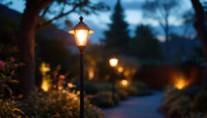 A photograph of capture a photograph of a beautifully illuminated outdoor lamp post at dusk