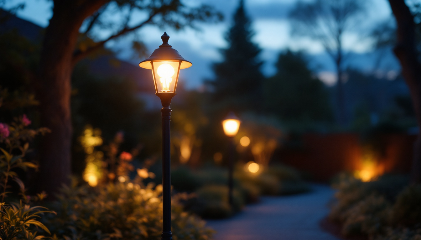 A photograph of capture a photograph of a beautifully illuminated outdoor lamp post at dusk