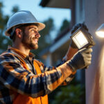 A photograph of a lighting contractor installing an led outdoor floodlight in a residential or commercial setting
