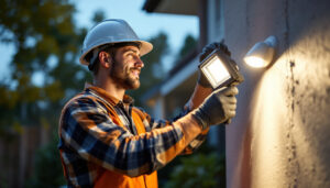 A photograph of a lighting contractor installing an led outdoor floodlight in a residential or commercial setting