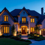 A photograph of a beautifully illuminated exterior of a home at dusk